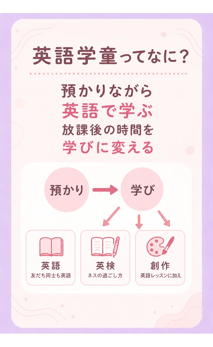 英語学童ってなに？ / 預かりながら / 英語で学ぶ / 放課後の時間を / 学びに変える / 預かり / 英語レッスンに加え / 学び / ネスの過ごし方 / 英語 / 友だち同士も英語 / 英検 / 創作