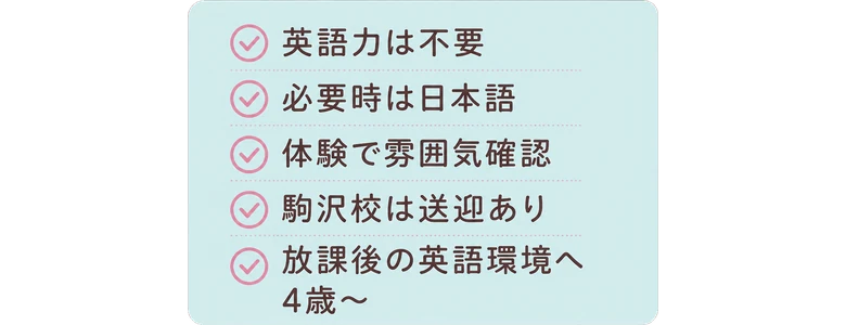 英語力は不要 / 必要時は日本語 / 体験で雰囲気確認 / 駒沢校は送迎あり / 放課後の英語環境へ / 4歳〜