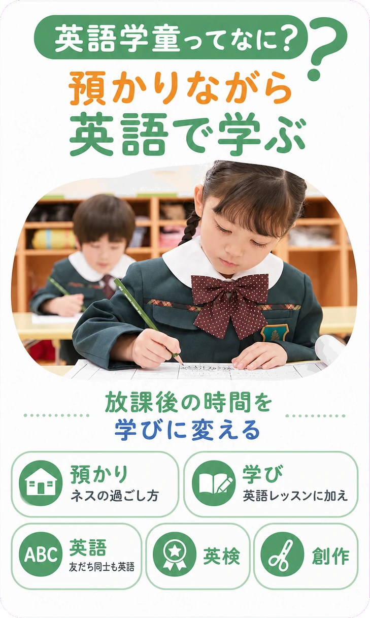 英語学童ってなに？ / 預かりながら / 英語で学ぶ / 放課後の時間を / 学びに変える / 預かり / 英語レッスンに加え / 学び / ネスの過ごし方 / 英語 / 友だち同士も英語 / 英検 / 創作