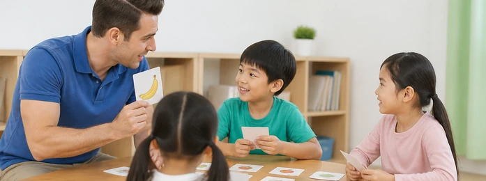 教室で英語カードゲームをする子どもの手元