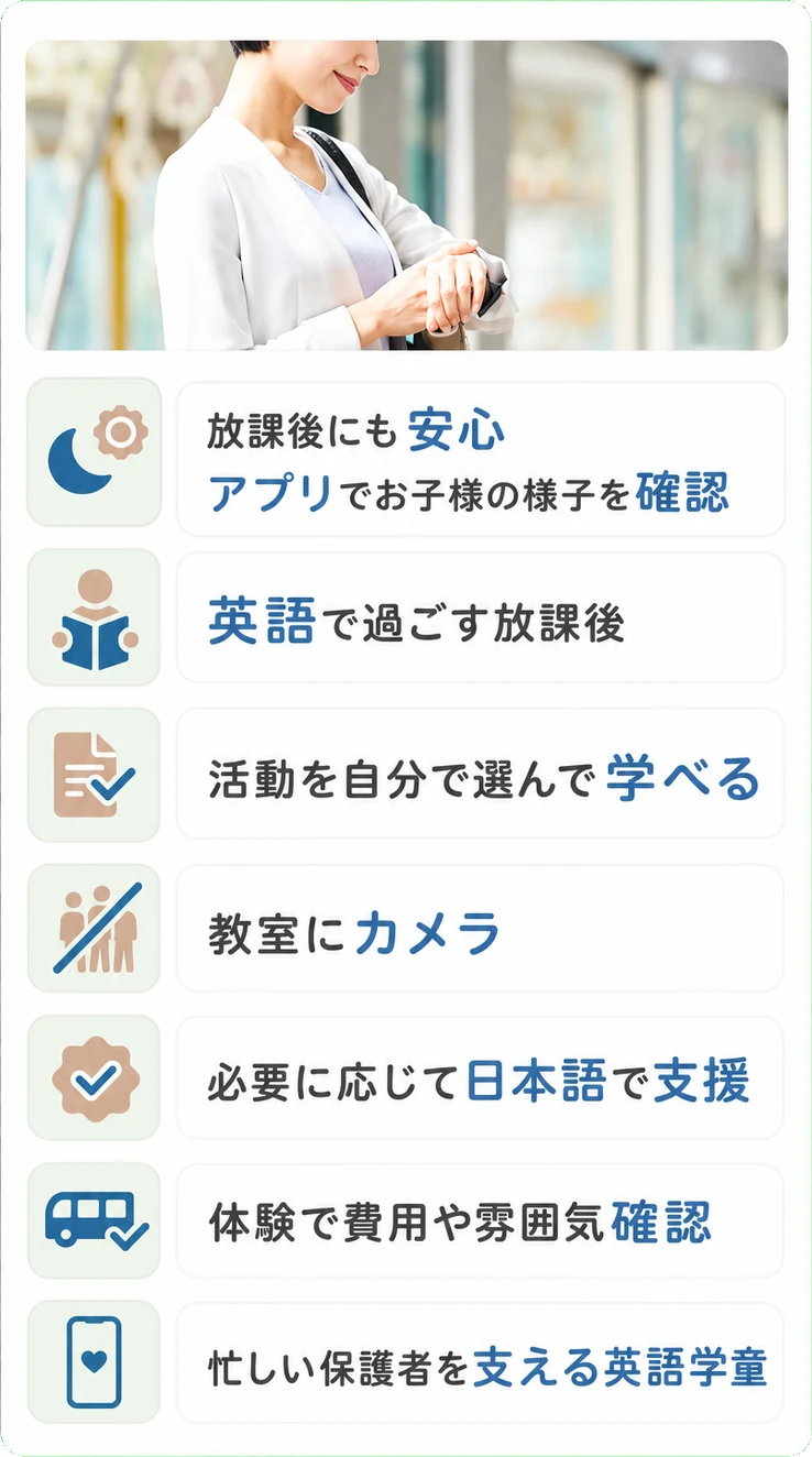 放課後にも安心 / アプリでお子様の様子を確認 / 英語で過ごす放課後 / 活動を自分で選んで学べる / 教室にカメラ / 必要に応じて日本語で支援 / 体験で費用や雰囲気確認 / 忙しい保護者を支える英語学童