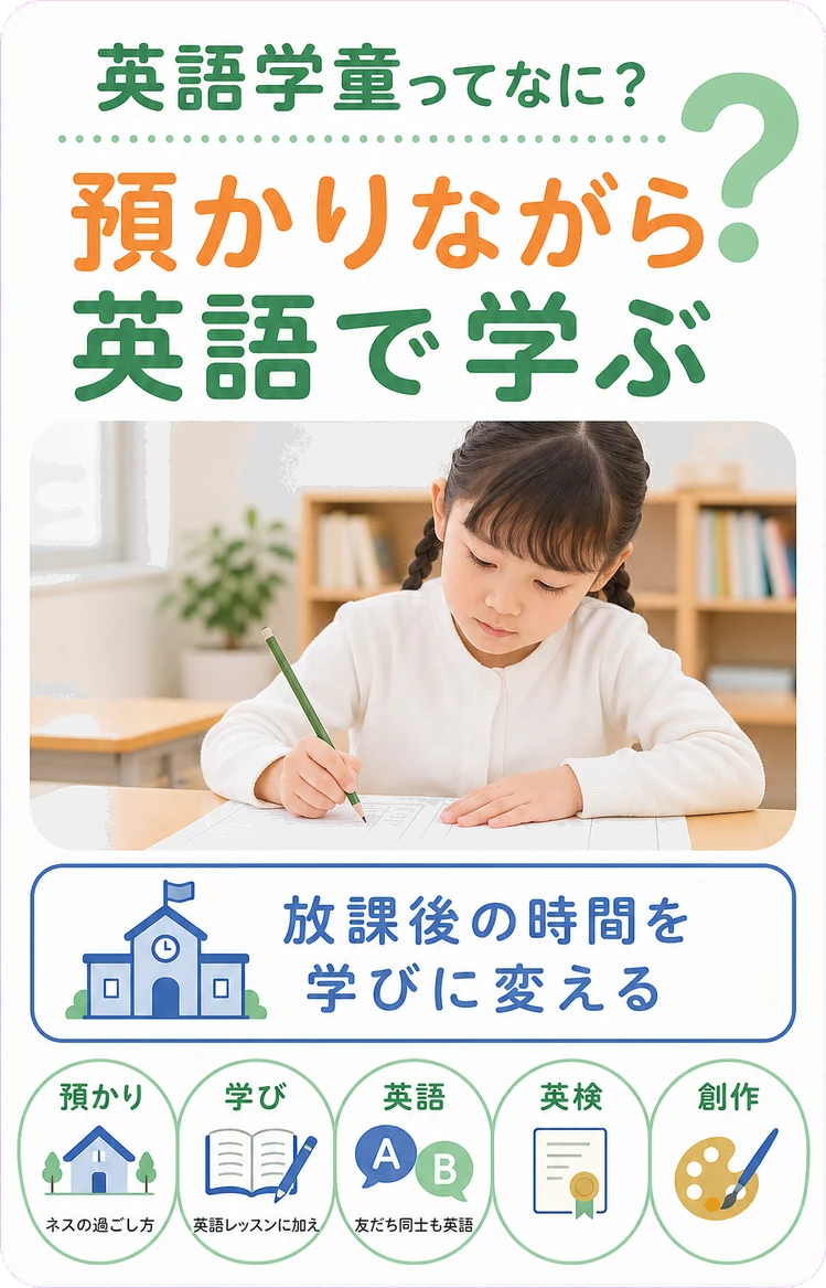 英語学童ってなに? / 預かりながら / 英語で学ぶ / 放課後の時間を / 学びに変える / 預かり / 英語レッスンに加え / 学び / ネスの過ごし方 / 英語 / 友だち同士も英語 / 英検 / 創作