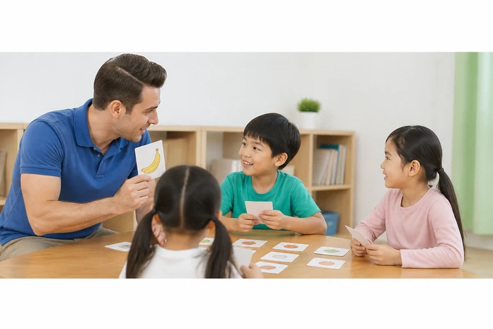 教室で英語カードゲームをする子どもの手元