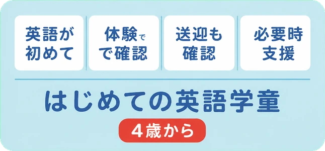 英語が初めて / 体験で確認 / 送迎も確認 / 必要時支援 / はじめての英語学童 / 4歳から