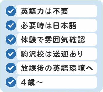英語力は不要 / 必要時は日本語 / 体験で雰囲気確認 / 駒沢校は送迎あり / 放課後の英語環境へ / 4歳〜
