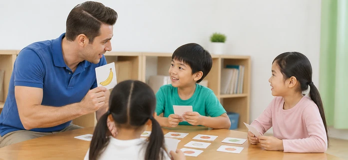 教室で英語カードゲームをする子どもの手元