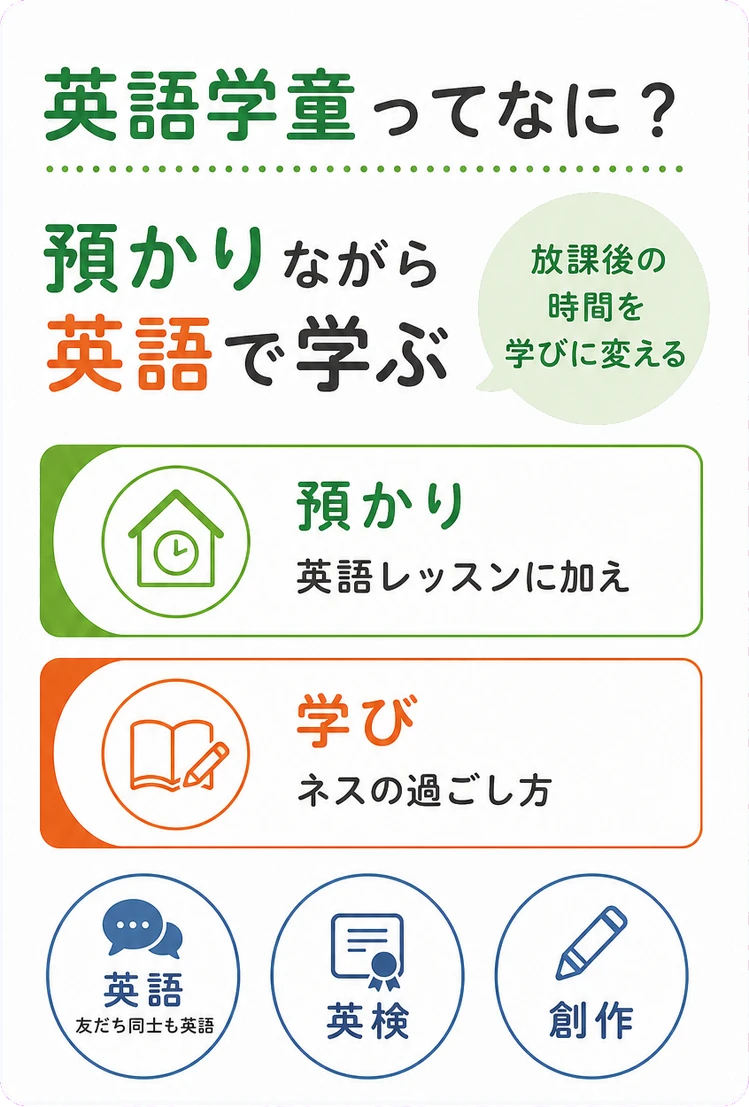 英語学童ってなに？ / 預かりながら / 英語で学ぶ / 放課後の時間を / 学びに変える / 預かり / 英語レッスンに加え / 学び / ネスの過ごし方 / 英語 / 友だち同士も英語 / 英検 / 創作