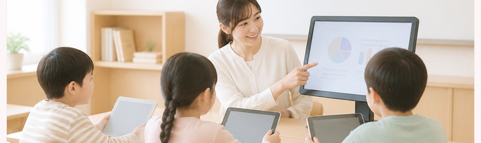 教室で教師が画面を示し児童が端末を見る授業風景