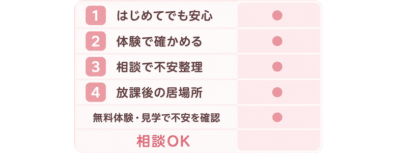 はじめてでも安心 / 体験で確かめる / 相談で不安整理 / 放課後の居場所 / 無料体験・見学で不安を確認 / 相談OK